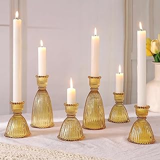 6 Pcs Amber Glass Candlestick Holders (3.5"/6", Assorted)- Tall Taper Candle Holders with Vintage Design, Candle Stick Hol...