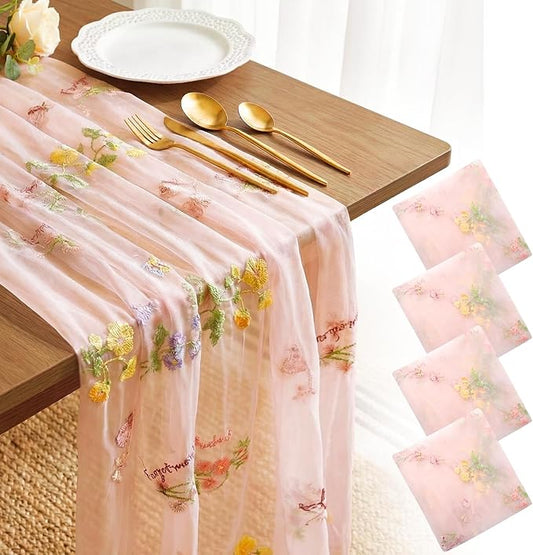 4 Pack Embroidery Floral Table Runner Spring Summer Tulle Boho Table Runners Wildflower Party Decorations for Kitchen Dini...