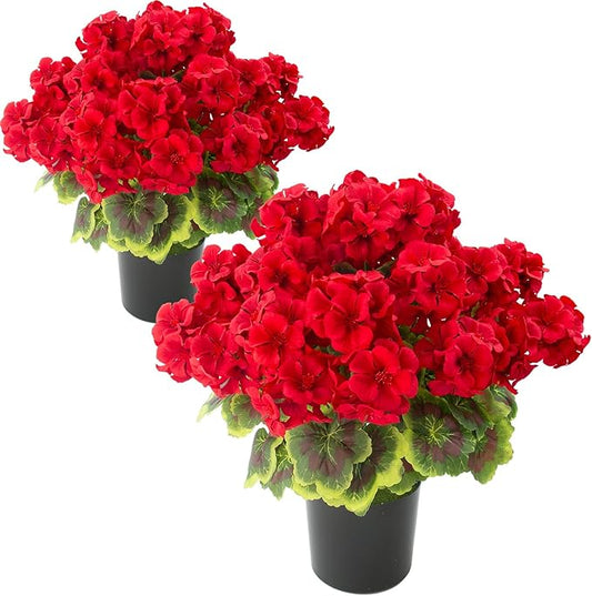 lovemoon 2Set Geranium Potted Artificial Flowers,Fake Geranium Plants for Outdoor Home Décor Office Tables Porch Garden De...