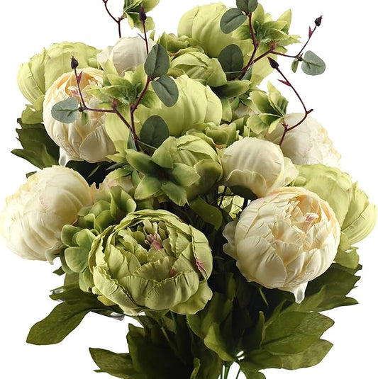 FiveSeasonStuff Artificial Peony Bouquets, 2 Cream Beige & Moss Green Silk Flower Bundles for Wedding Centerpieces & Home ...