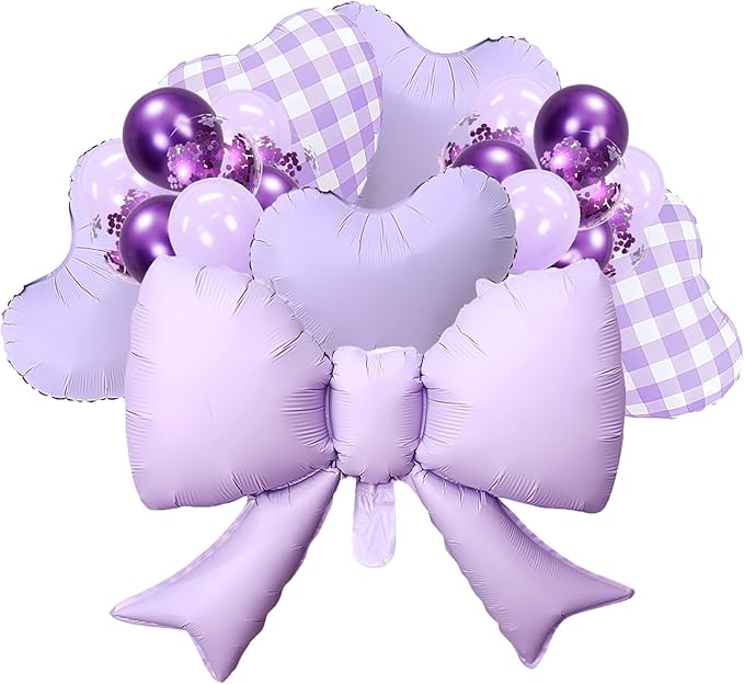 22 Inch Bow Balloons,Heart Balloons,Purple Gingham Party Supplies for Birthday,Valentine's Day, Baby Shower Decorations