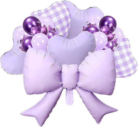 22 Inch Bow Balloons,Heart Balloons,Purple Gingham Party Supplies for Birthday,Valentine's Day, Baby Shower Decorations