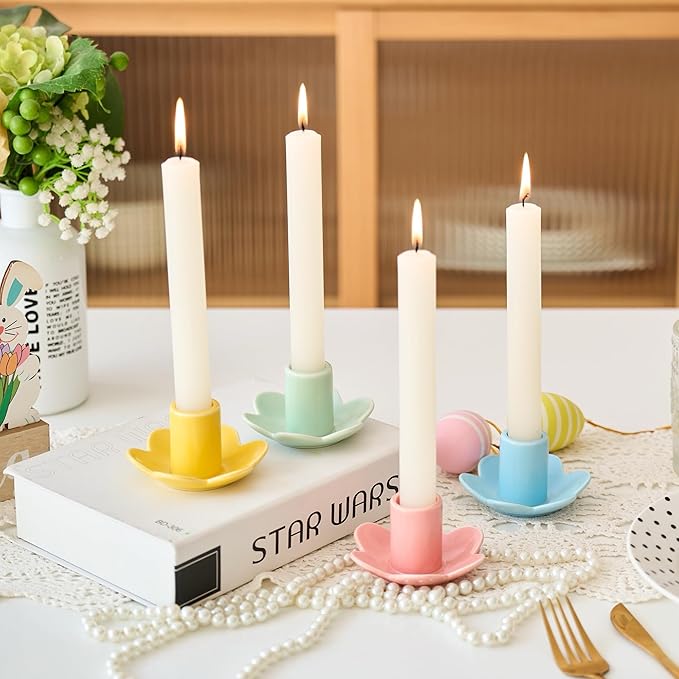 Colorful Ceramic Candlestick Holders Set of 4, Cute Easter Taper Candle Holders Chic Flower Shaped Table Centerpiece for W...