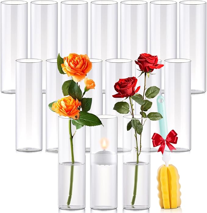 16Pcs Glass Cylinder Bud Vases for Centerpieces,7.7 In Tall Clear Flower Vases in Bulk,Glass Small Vases Floating Candle H...