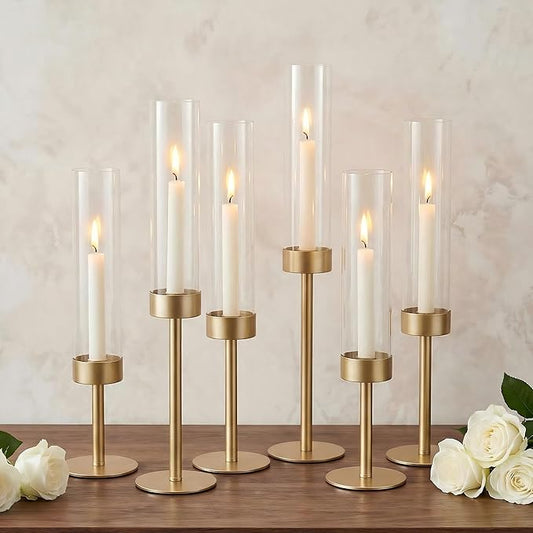 Ronasip Hurricane Candle Holders Set of 6, Matte Gold Metal Taper Candlestick Holders with Clear Glass Chimney Cylinder Tu...