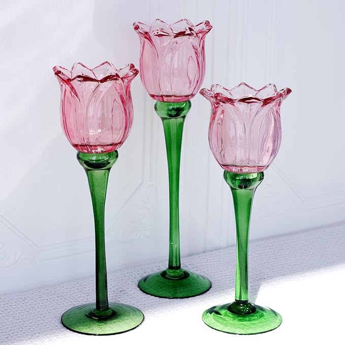 VOHO Pink Tulips Candle Holder, Romantic Pink Flower Votive Candle Holders for Wedding Bridal Shower Decorations, Tall Tea...