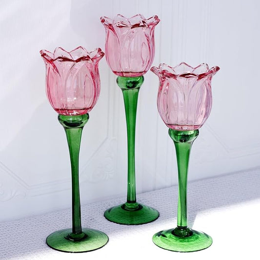 VOHO Pink Tulips Candle Holder, Romantic Pink Flower Votive Candle Holders for Wedding Bridal Shower Decorations, Tall Tea...