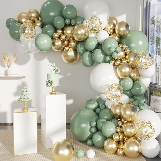 MEBAY Sage Green White Gold Balloon Garland Arch Kit, 146Pcs Latex Balloons Different Sizes 18 12 10 5 Inch for Birthday B...