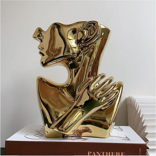 FUNSOBA Ceramics Statue Flower Vase Face Pots Bust Head Shaped for Birthday Gifts Home Office Decoration (Gold)