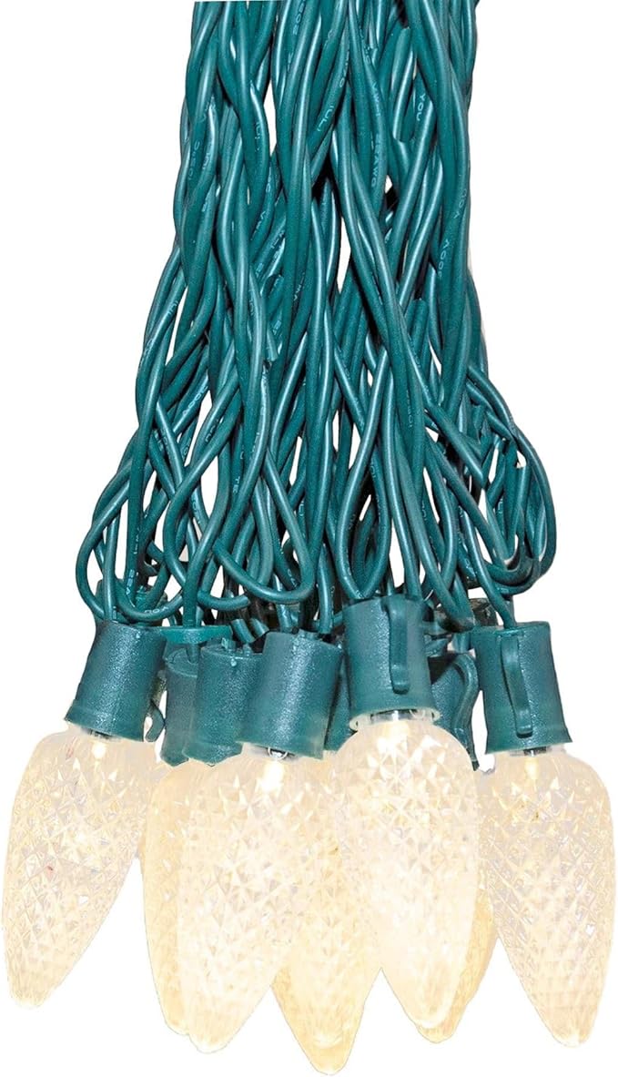 Novelty Lights 25 Feet 25 Light C9 Diamond Faceted LED String Lights, Warm White, Pre-Lamped Holiday Lights on Green Wire,...