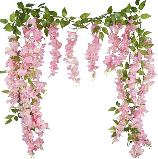 CISDUEO 2 Pcs Wisteria Hanging Flowers Wisteria Flowers Vine Garland Wedding Arch Decoration Pink Artificial Wisteria Vine...
