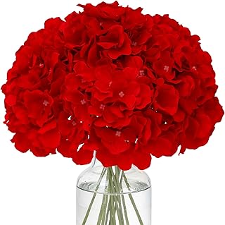 FLORRALIA Fake Red Hydrangea Artificial Flowers - Faux Silk Hydrangeas Flowers Heads with Stems Real Touch for Home Weddin...