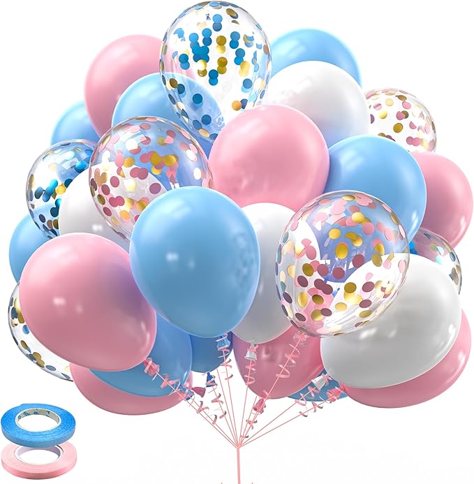 Pink Blue White Balloons,60 Pcs 12 inch Pink Blue and White Pastel Gold Blue Confetti Latex Balloons with 2rolls 33ft Ribb...