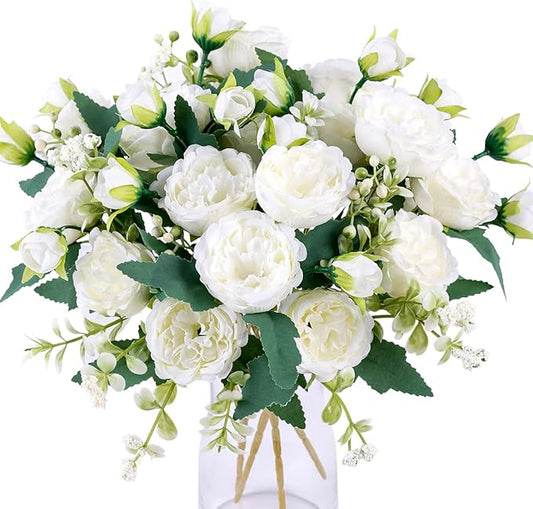 Floweroyal 2 Bunches Peony Artificial Flowers White Flowers Silk Peonies Bouquets for Wedding Party Table Centerpieces Flo...