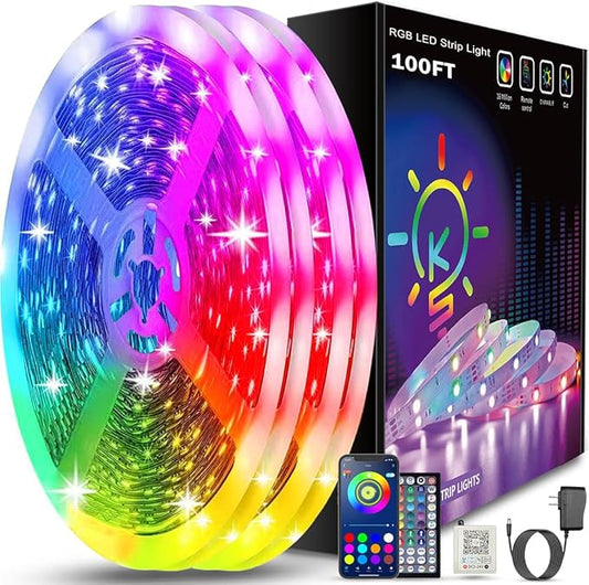 Keepsmile 100ft Led Strip Lights (2 Rolls of 50ft) Bluetooth Smart App Control Music Sync Color Changing RGB Led Light Str...