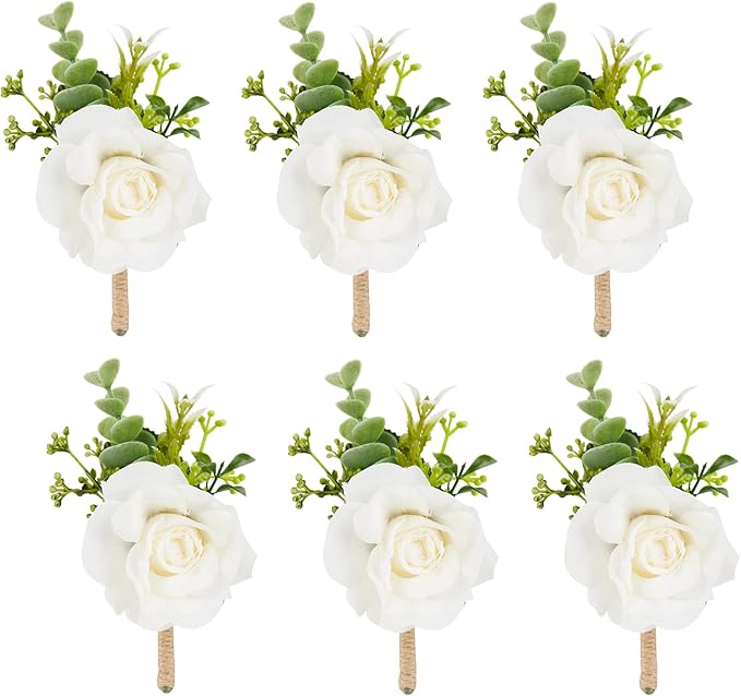 Meldel Ivory Rose Boutonniere for Men,Set of 6,Groom and Best Man Boutonnieres with Artificial Flower,for Wedding Ceremony...