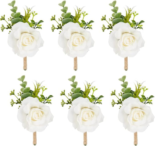 Meldel Ivory Rose Boutonniere for Men,Set of 6,Groom and Best Man Boutonnieres with Artificial Flower,for Wedding Ceremony...