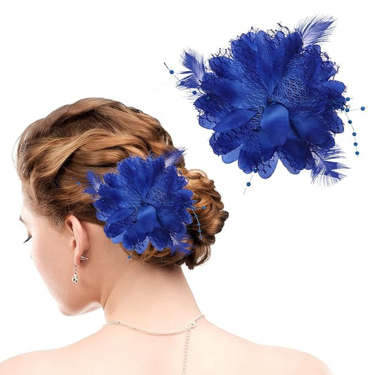 WLLHYF Blue Ladies Feather Flower Hair Clip Elegant Hat Flower Mesh Ribbons Brooch Pin Hair Accessory Fascinator Headwear ...