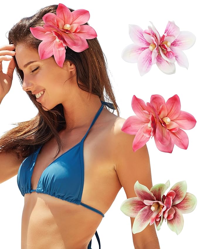 3 PCS Hawaiian Flower Hair Clips for Women Artificial Orchid Hair Barrettes Hibiscus Flower Hair Clips for Wedding Bridal ...