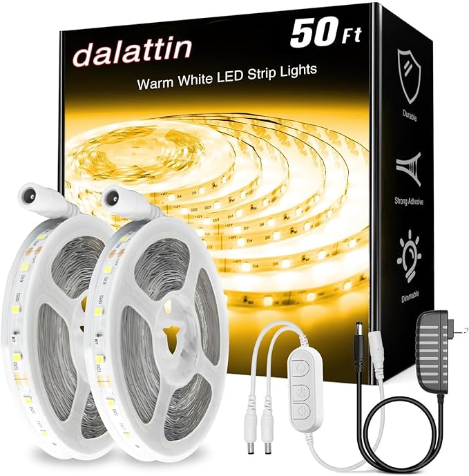 dalattin Warm White LED Strip Lights 50ft, Led Lights Strip Dimmable Bright 24V 3000K, 900 LEDs Lights for Bedroom, Mirro...