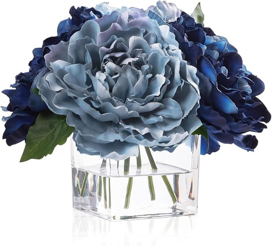Artificial Peonies Flowers Arrangements in Cube Glass Vase, WELLKNOWN Silk Flower Centerpieces for Dining Room Table, Coff...