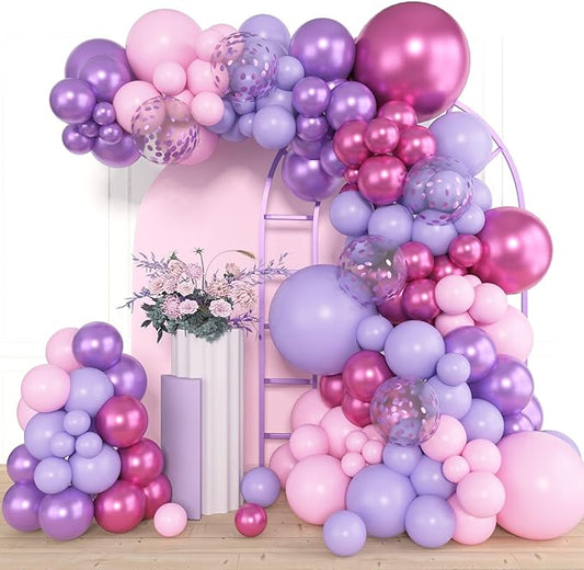Amandir 153pcs Pink Purple Balloon Garland Arch Kit, Different Sizes 18 12 10 5 inch Pink Purple Red Latex Metallic Confet...