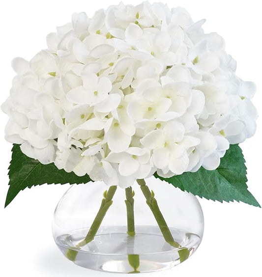 Fawairyc Hydrangea Artificial Flowers in Glass Vase, White Silk Fake Flowers Silk Centerpiece Table Decorations for Dining...