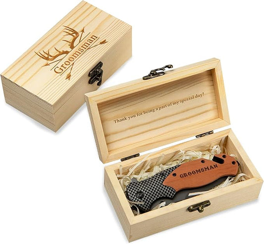 IUZOE Groomsmen Gifts for Wedding Day – Personalized Engraved Pocket Knife with Wooden Box – Thank You Gift for Groomsman