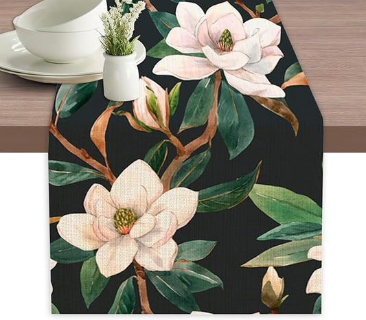 Table Runner White Magnolia Flowers Table Runners Summer Seasonal Kitchen Dinning Decor for Indoor Outdoor Holiday Home We...