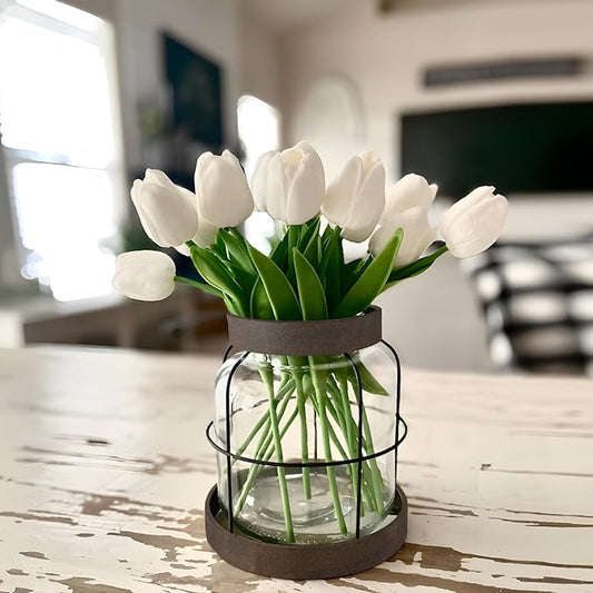 Farmhouse Glass Vase, Vintage Vase for Flowers with Distressed Metal Frame and Handle for Rustic Dining Tables Entryways L...