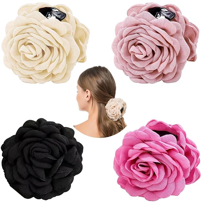 4 PCS Rose Flower Claws Clips Large Hawaiian Rose Hair Clips Floral Hair Clip Roses Hair Claw Hairpin Fabric Silk Hawaiian...