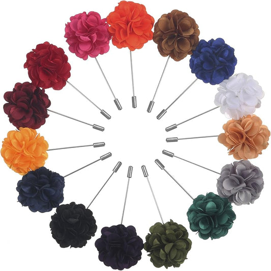 15 Pieces Men Flower Lapel Pins Men Suit Handmade Satin Flower Boutonniere Pins with Gift Box for Wedding Party Decor