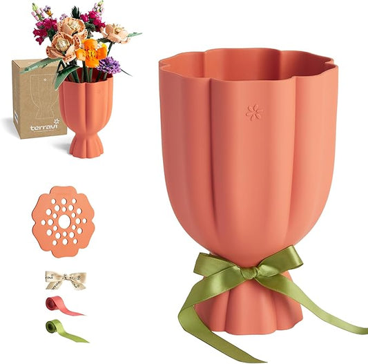 Bouquet Vase for Lego & Crafted Flowers - Flower Arrangement Vase with Floral Grid & Ribbons, Impact Resistant, BPA-Free A...