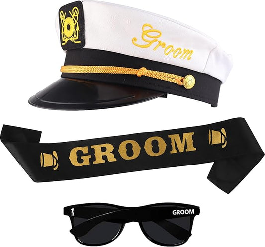 Bachelor Party Captain's Hat, Glasses, Sash Set - Groom To Be Accessories Set Includes Captain's Hat Groom Sunglasses Groo...