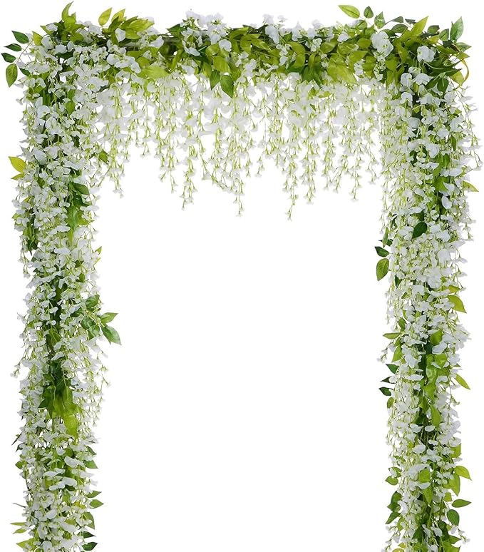 Lvydec Wisteria Artificial Flowers Garland, 4Pcs Total 28.8ft White Artificial Wisteria Vine Silk Hanging Flower for Home ...