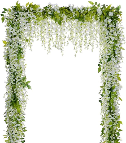 Lvydec Wisteria Artificial Flowers Garland, 4Pcs Total 28.8ft White Artificial Wisteria Vine Silk Hanging Flower for Home ...