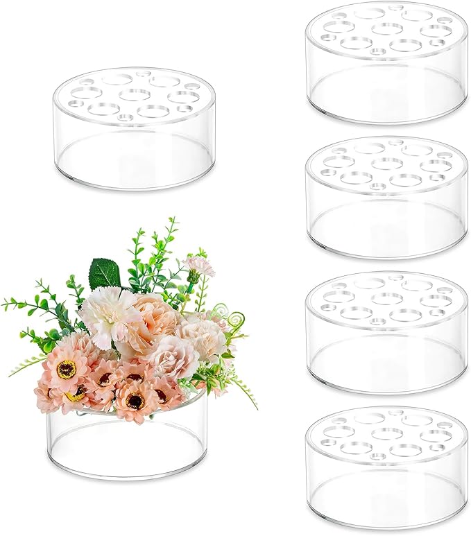Hewory Acrylic Flower Vases for Centerpieces Round 6pcs Short Clear Floral Vase with 13 Holes, Box Arranger Bulk Low Base ...