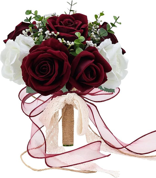 Vkkperp 9in Wedding Bouquets for Bride Bridesmaid, Burgundy & White Artificial Roses Flowers Bouquet for Rustic Church Boh...