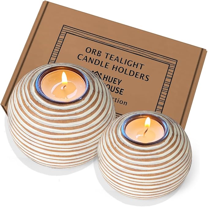 Tuva Orb Candle Holders (Gift Boxed Set of 2), Table Centerpieces for Dining or Living Room, Spa, Bathroom, Kitchen Counte...