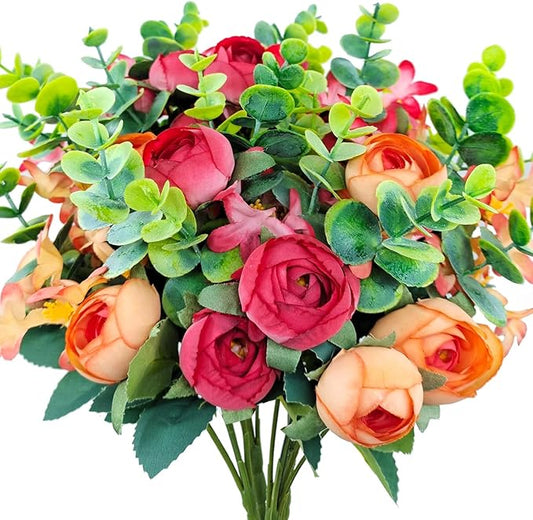 Carfoeny 4 Bundles Artificial Peony Flowers with Eucalyptus & Lilac, UV Resistant Faux Silk Plants for Outdoor Planters, C...