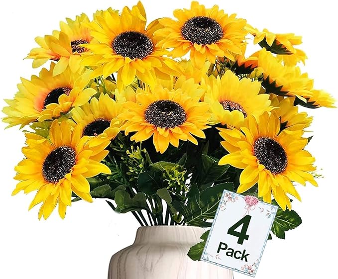 TURNMEON 28Pcs Sunflowers Artificial Flowers for Outdoors Spring Decor, 4 Pack Fake Flowers Silk Faux Sunflower Bouquet Ar...