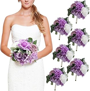 DIYDOFUN 7 Inch Bridesmaid Bouquets Set of 6, Artificial Flower Wedding Bouquets for Bridesmaids Realistic Small Rose Bouq...