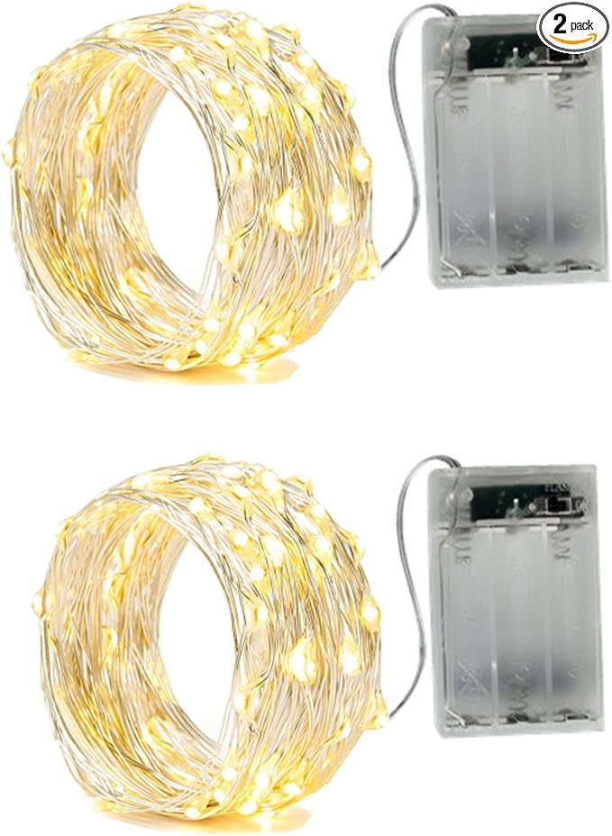 BXROIU 2 x 50LEDs Fairy Lights Battery Operated, Silver Wire 2 Mode Chains String Lights for Bedroom Christmas Party Decor...