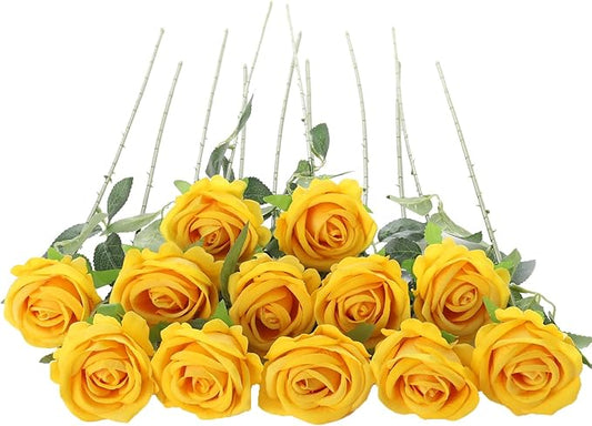 Cloudecor 12Pcs Yellow Roses Artificial Flowers Fake Roses Faux Velvet Silk Flower for Home Wedding Decoration (Pearl Ros...