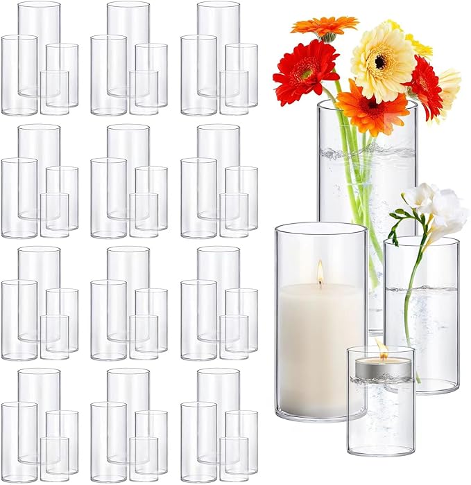 48 Pack Thick Glass Cylinder Vases 4,6,9,12 Inch Tall Clear Flower Vase Hurricane Floating Candle Holder for Table Centerp...