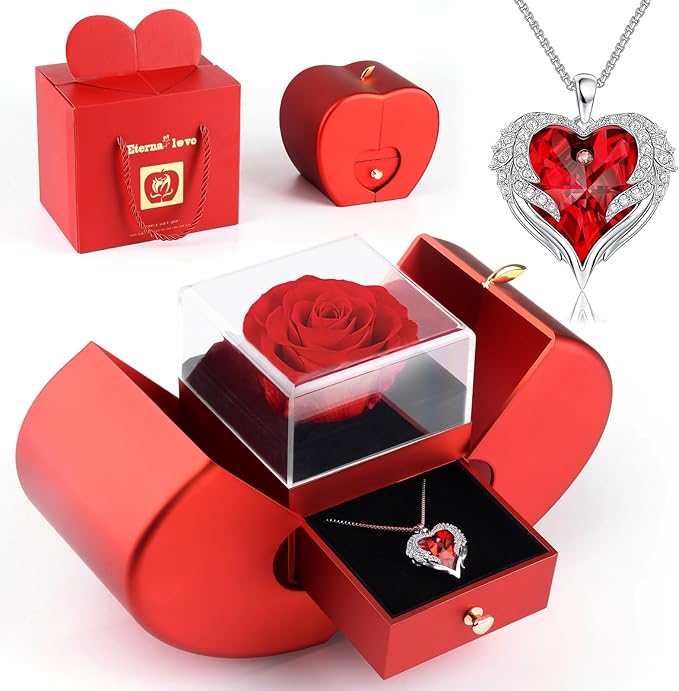 Suturun Preserved Real Rose,Eternal Flower Rose with Heart Necklace,Preserved Flowers Rose Gifts for Women,Girlfriend,Mom,...