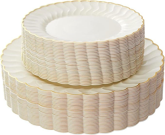 Lullaby 60PCS Ivory Scalloped Plastic Plates with Gold Rim, Disposable Elegant Plates Include 30pcs Dinner Plate 10.25", 3...