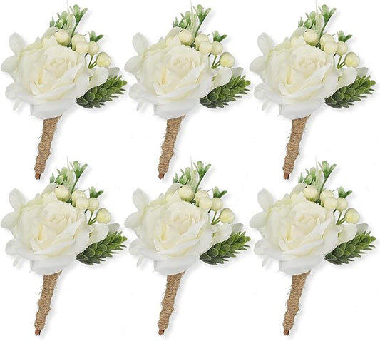 Rinlong 6Pcs White Green Boutonniere for Men Wedding with Pins Groom Boutonnieres Homecoming Prom Boutonniere