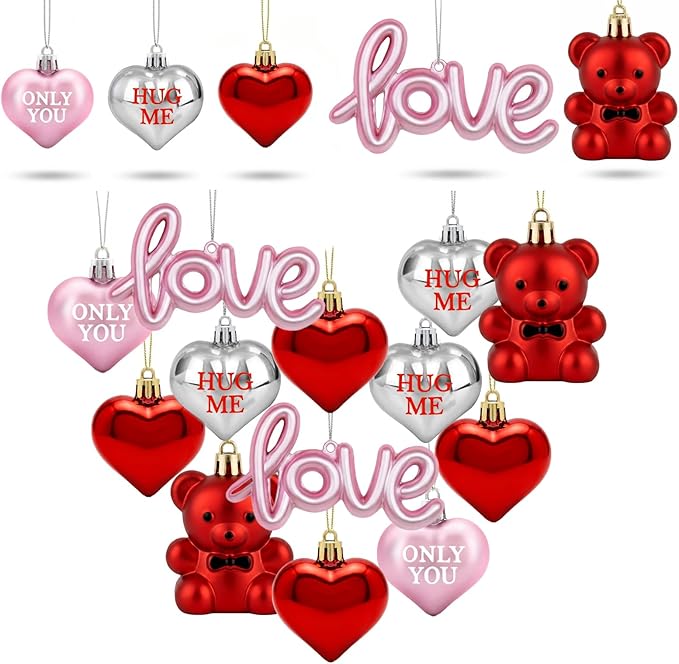 16pcs Valentines Day Decorations Heart Ornaments for Tree Romantic Hanging Ornaments for Christmas Tree Bear Heart Shaped ...