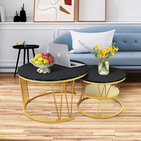 Round Nesting Coffee Tables Set: Black Gold Marble Coffee Table Set of 2 - Modern Metal Stacking Side Table for Living Roo...